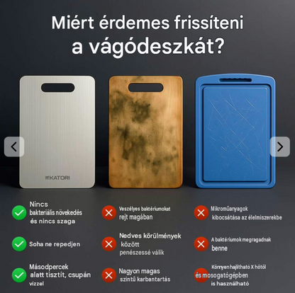 Tiszta titán konyhai vágódeszka, élelmiszeripari minőségű, foltálló és tartós, higiénikus, kíméli a kések élét és könnyen tisztítható
