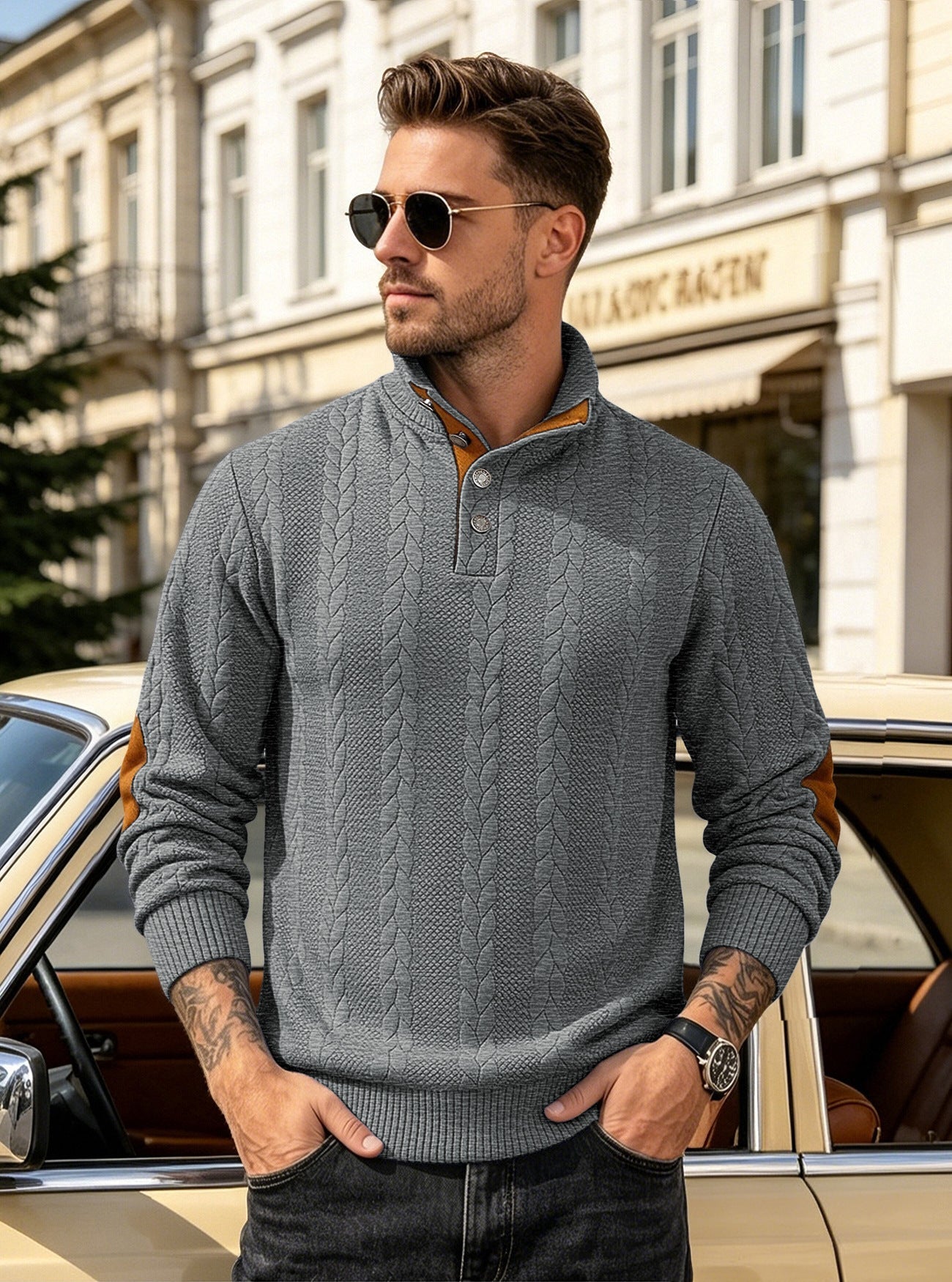 🔥 Luxus férfi kötött pulóver Henley gallérral és elegáns hímzéssel – kényelmes stílus minden napra