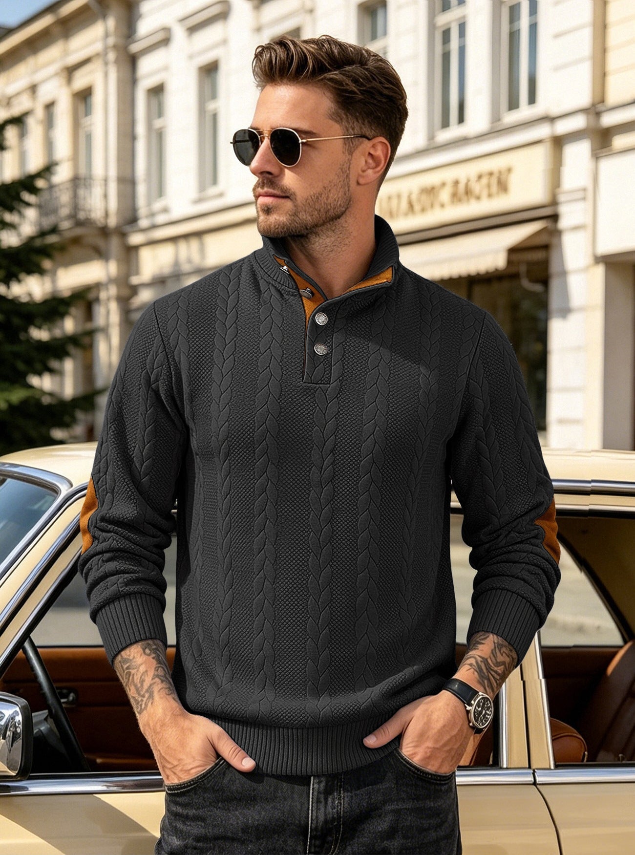 🔥 Luxus férfi kötött pulóver Henley gallérral és elegáns hímzéssel – kényelmes stílus minden napra