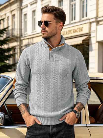 🔥 Luxus férfi kötött pulóver Henley gallérral és elegáns hímzéssel – kényelmes stílus minden napra