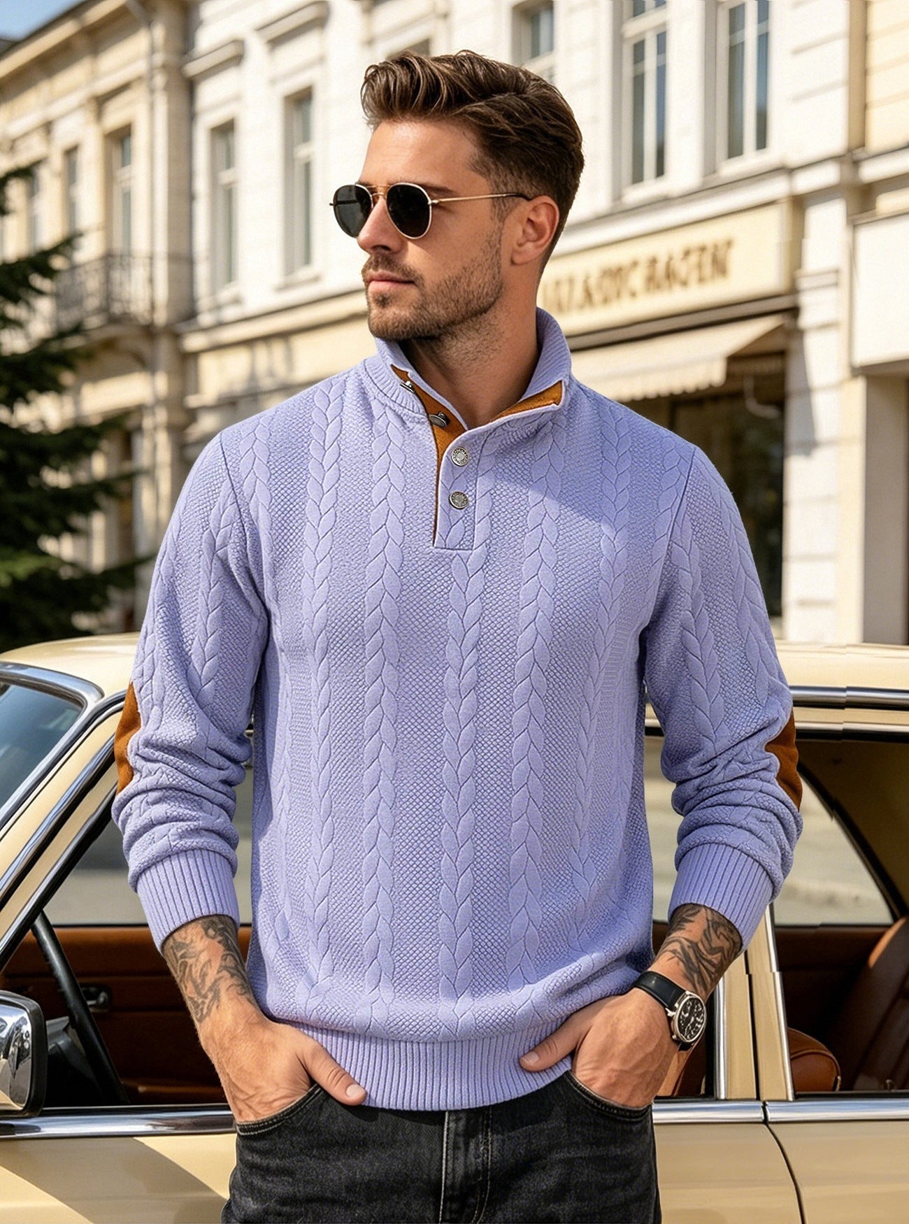 🔥 Luxus férfi kötött pulóver Henley gallérral és elegáns hímzéssel – kényelmes stílus minden napra