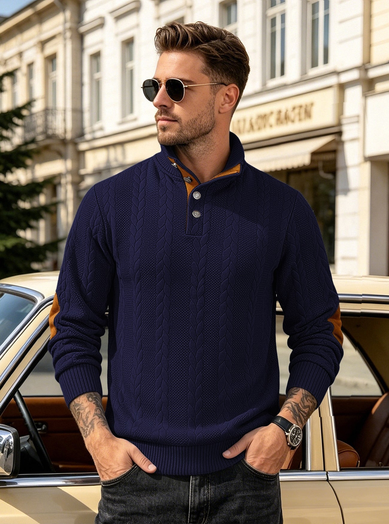 🔥 Luxus férfi kötött pulóver Henley gallérral és elegáns hímzéssel – kényelmes stílus minden napra