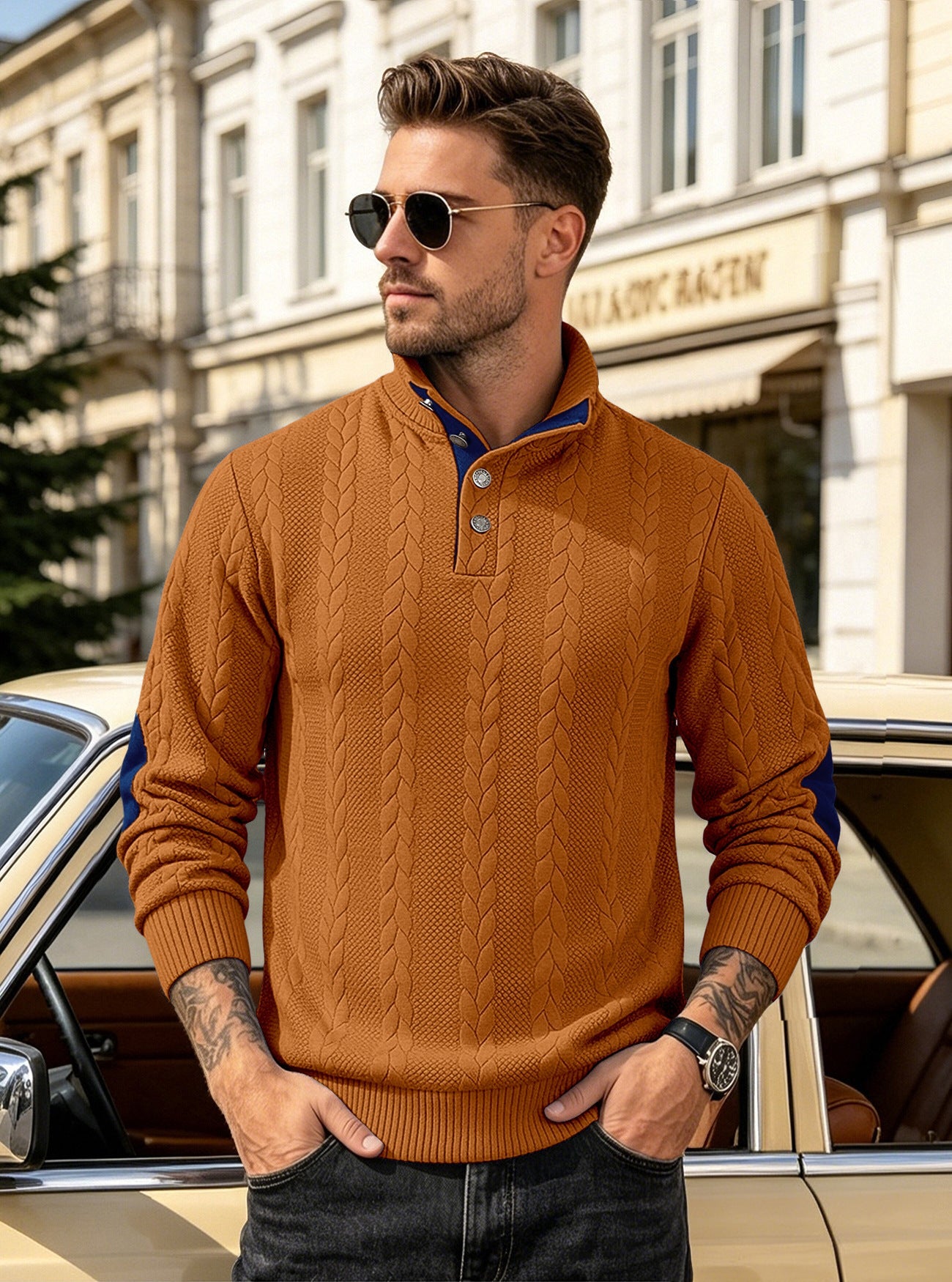 🔥 Luxus férfi kötött pulóver Henley gallérral és elegáns hímzéssel – kényelmes stílus minden napra