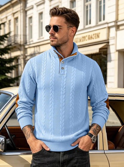 🔥 Luxus férfi kötött pulóver Henley gallérral és elegáns hímzéssel – kényelmes stílus minden napra