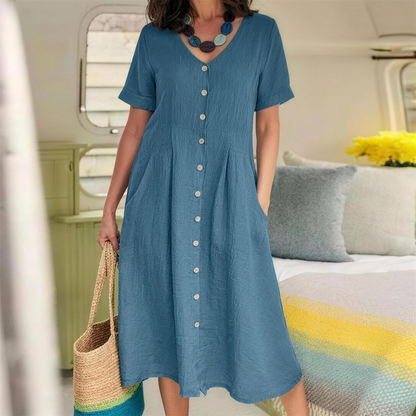 [🎉Tagoknak exkluzív ajánlat]Elegáns Len-Pamut Ruha Nőknek – Laza Szabású, Magas Derekú Nyári Kedvenc