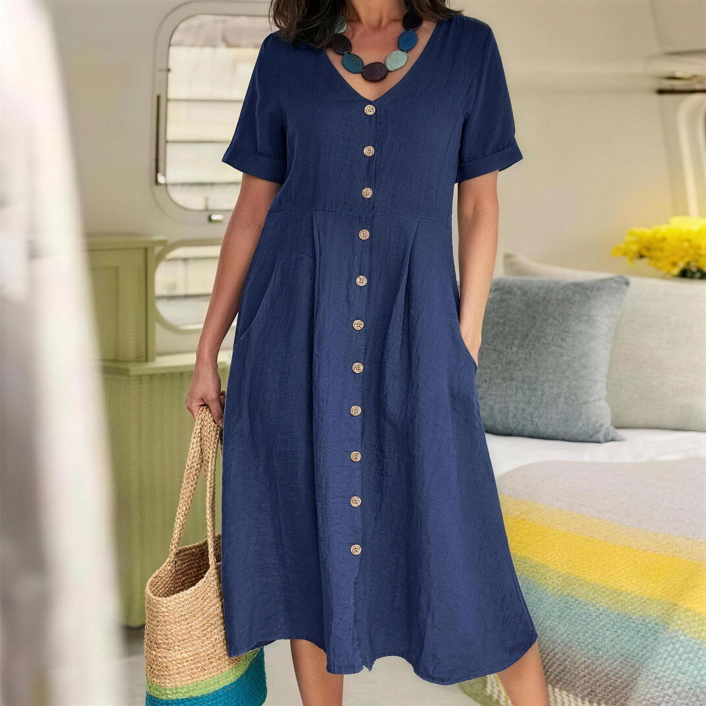 [🎉Tagoknak exkluzív ajánlat]Elegáns Len-Pamut Ruha Nőknek – Laza Szabású, Magas Derekú Nyári Kedvenc