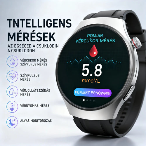 🔥 Bluetooth okosóra egészségkövetéshez – vércukorszint-figyelés, alvásmonitorozás, sportfunkciók és vízálló kerek dizájn