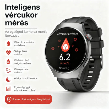 🔥 Bluetooth okosóra egészségkövetéshez – vércukorszint-figyelés, alvásmonitorozás, sportfunkciók és vízálló kerek dizájn