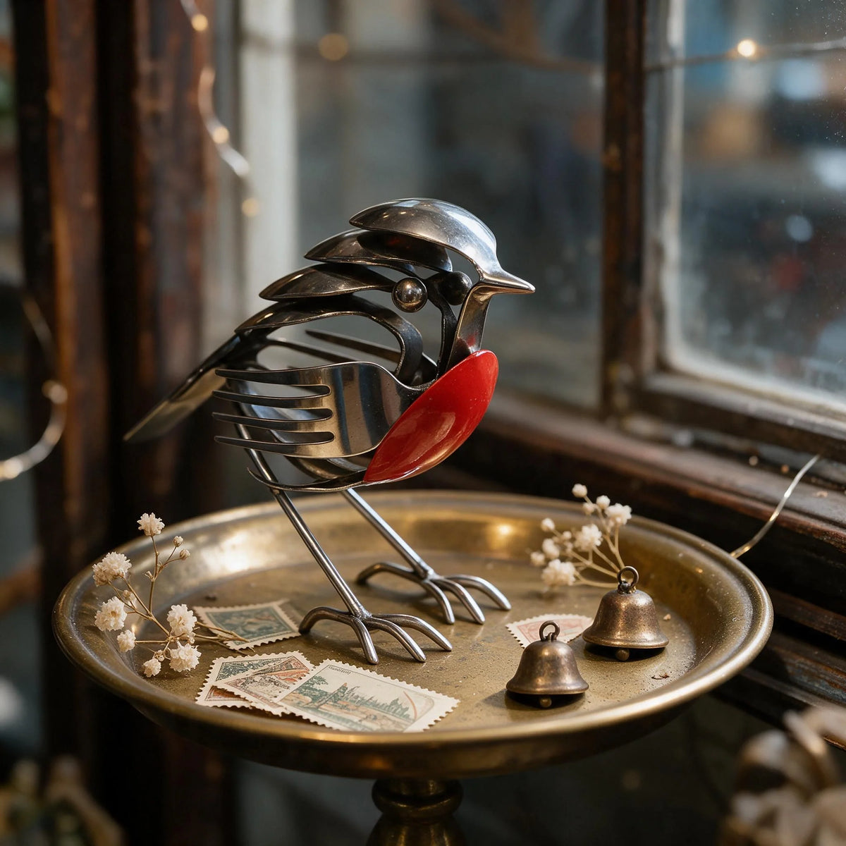🐦 Kézzel készített fém vörösbegy dekoráció – elegáns dísz a kertbe és az otthonba