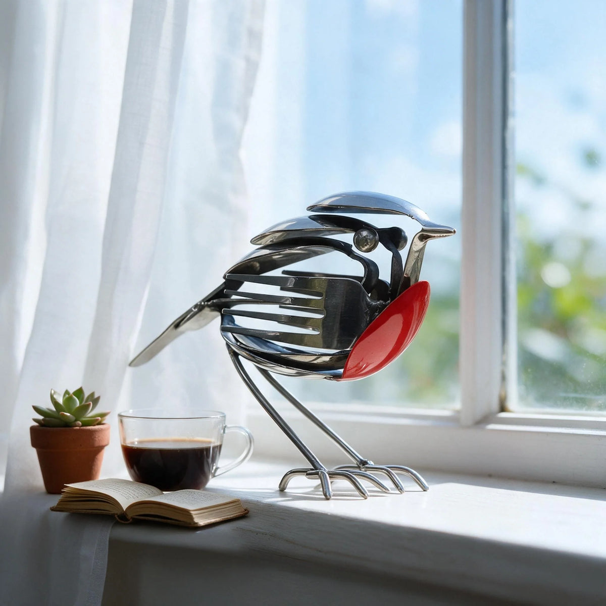 🐦 Kézzel készített fém vörösbegy dekoráció – elegáns dísz a kertbe és az otthonba
