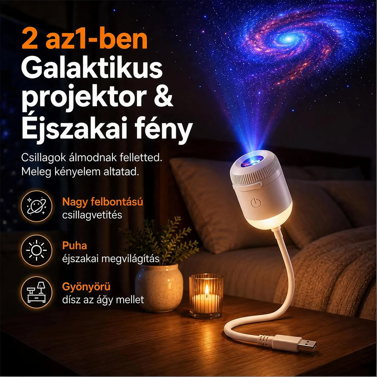 ✨Varázslatos Csillagos Égbolt Kézközelben – Népszerű Projektoros Éjszakai Lámpa Hálószobába és Autóba